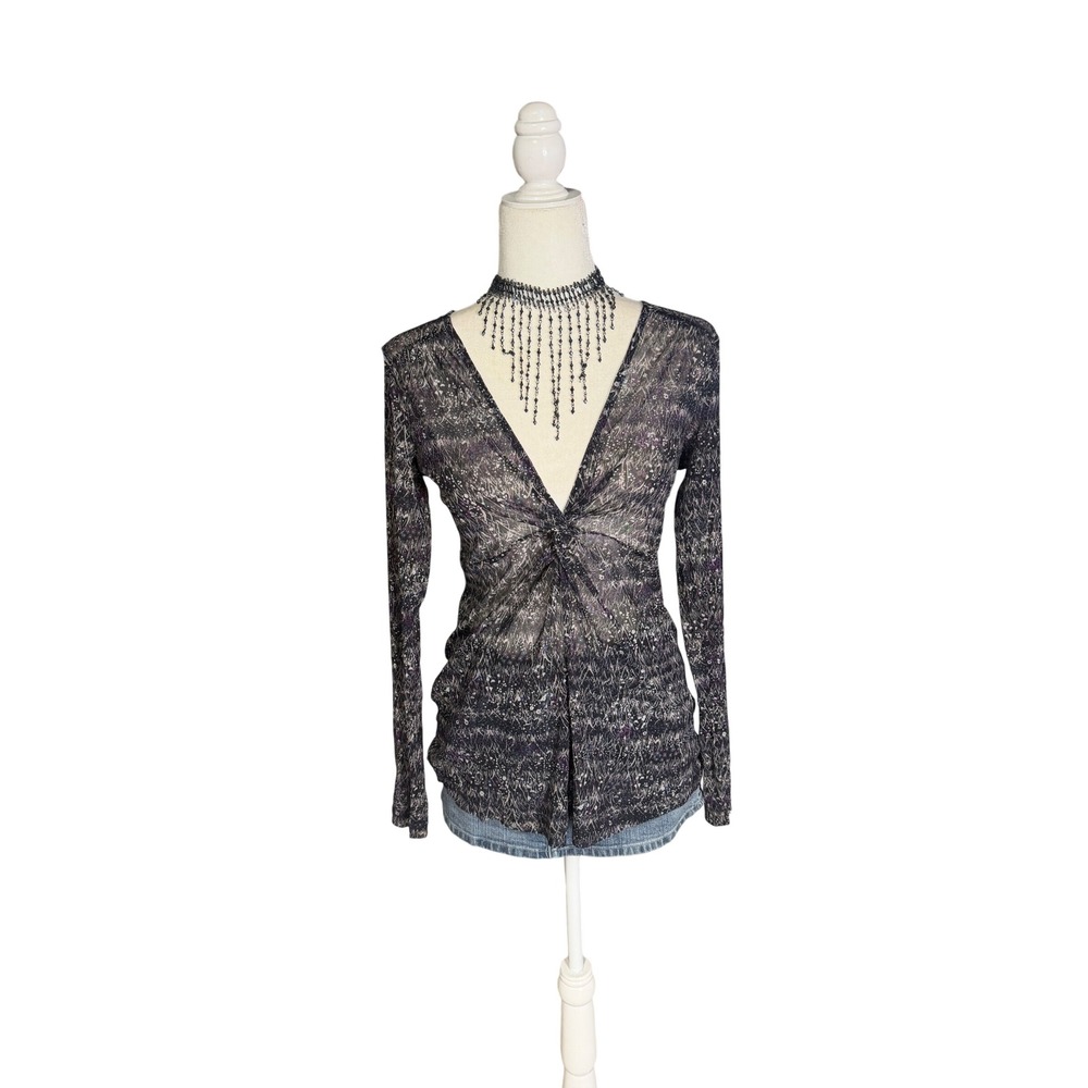 Y2K Sheer Mesh Twist Front Top – Stretch Abstract Print